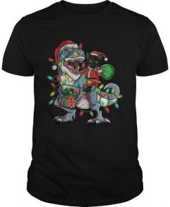 Black Cat Riding Trex Merry Christmas Tshirt DAP