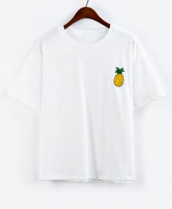 Summer Cute Tops - Pineapple Embroidered Drop Shoulder White T-shirt DAP