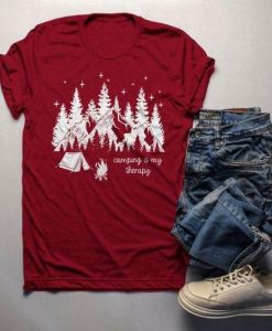 Men's Camping Therapy T Shirt Mountains Tent Graphic Tee Camper Nature Stars TShirt DAP