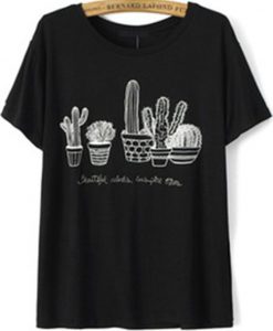 Black Short Sleeve Cactus Embroidered T-Shirt .DAP