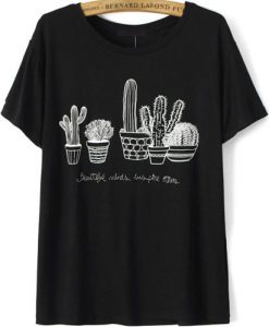 Black Short Sleeve Cactus Embroidered T-ShirtDAP