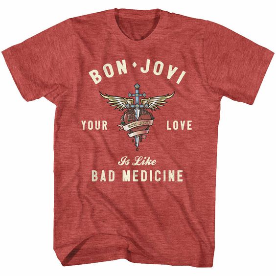 Bon Jovi Heart And Dagger Red Heather Adult T-Shirt DAP