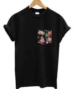 Red & Black Vintage Rose Floral Print Pocket T-shirt DAP