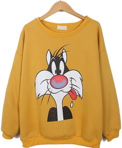 Yellow Long Sleeve Cartoon Cat Print Sweatshirt DAP