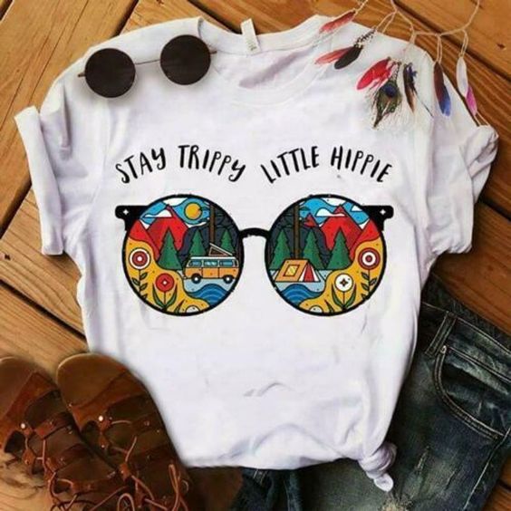 Glasses Stay Trippy Little Hippie Ladies T-ShirtDAP