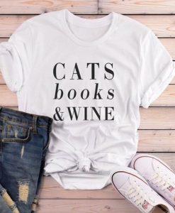 Cats Books Wine Letters Women Cotton Casual Funny TshirtDAP