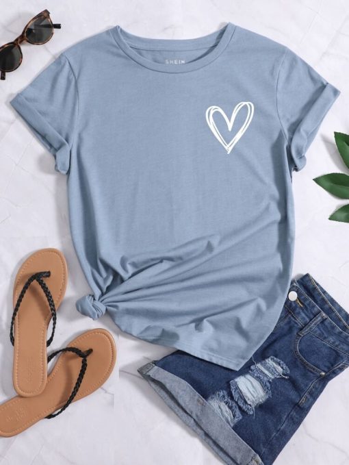 Heart Print Round Neck Tee TPKJ1